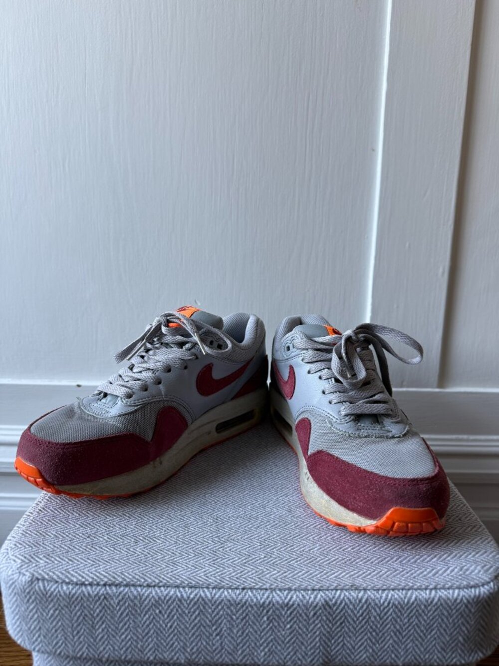 Nike Air Max 1 Essential | Grey Burgundy Orange | Women's 7.5